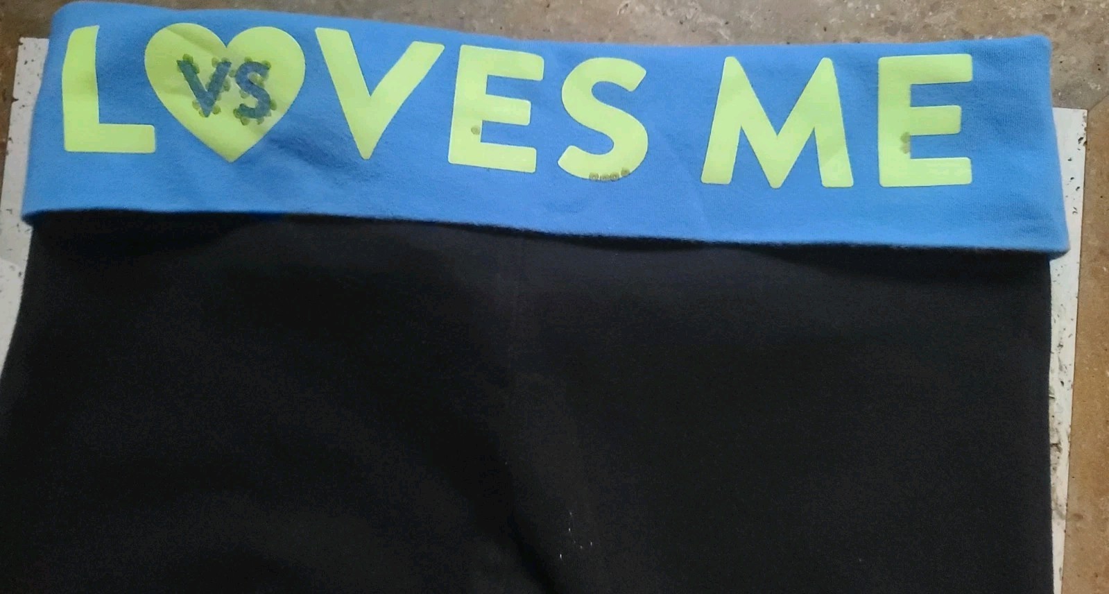 Victoria Secret Loves Me Black Neon Blue Fold Over Yoga Flare Bottom Legging S P