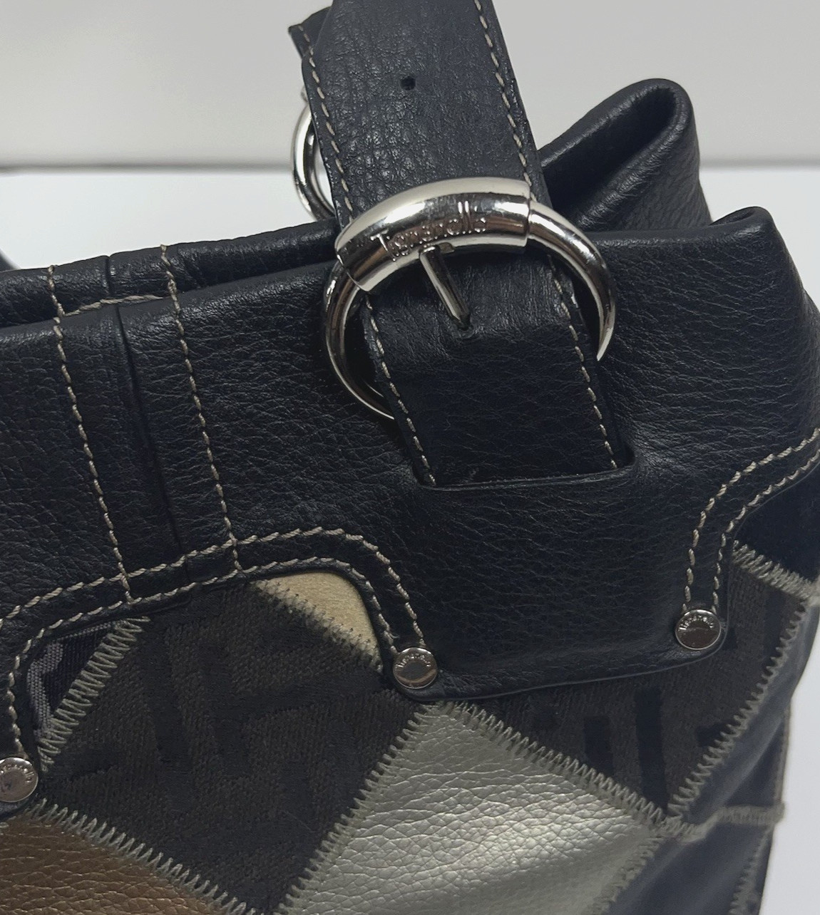 TIGNANELLO Leather Suede Patchwork Shoulder Bag Metallic Silver Buckle Boho Chic