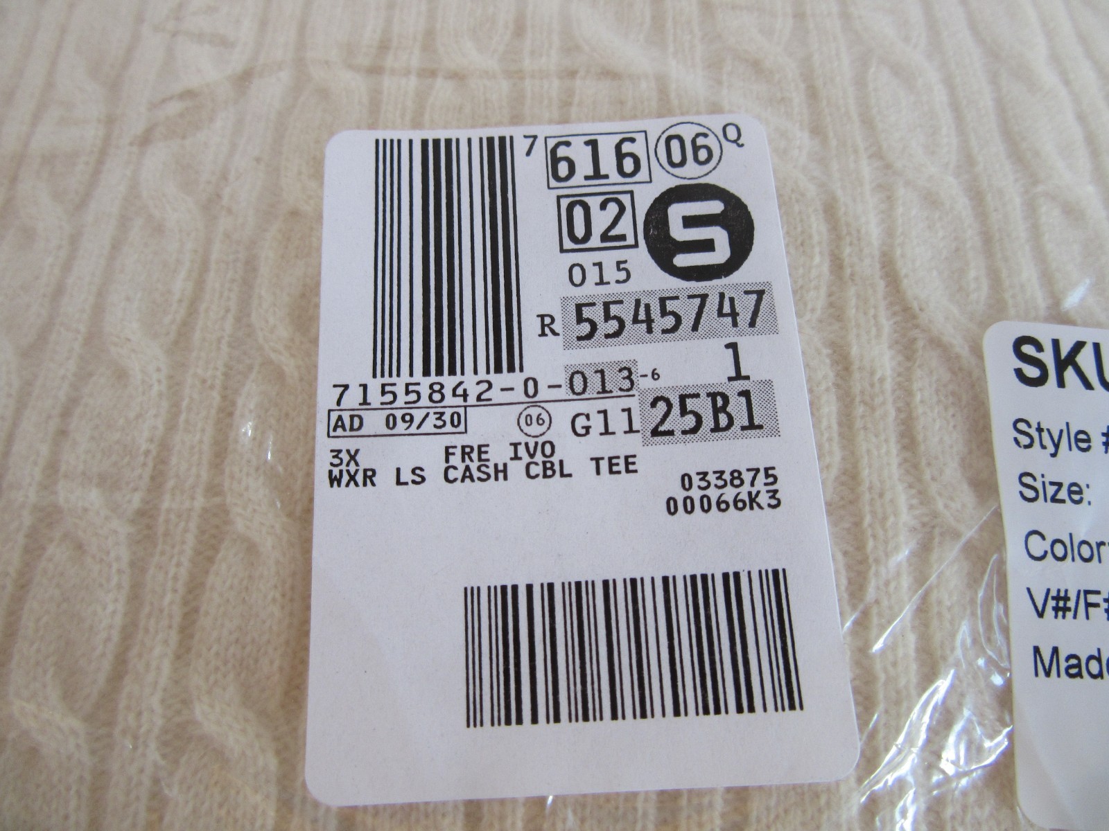 Lands’ End 100% Cashmere Long Sleeve Cable Ivory Pullover Style #520921 3X NEW!