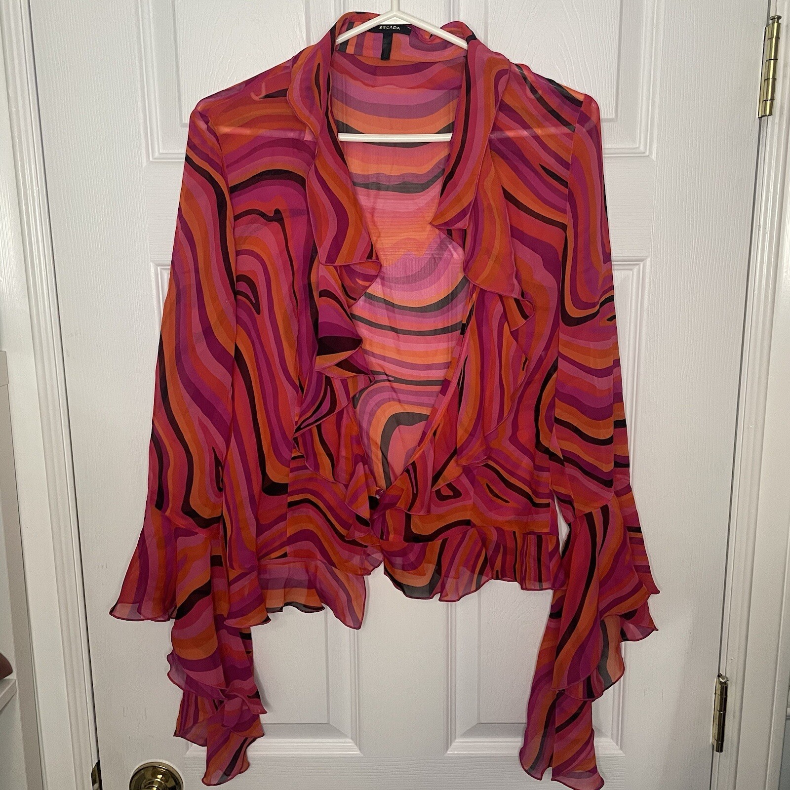 Escada Y2K 100% Silk Pink and Orange Printed Frill Long Sleeve Blouse Top Small