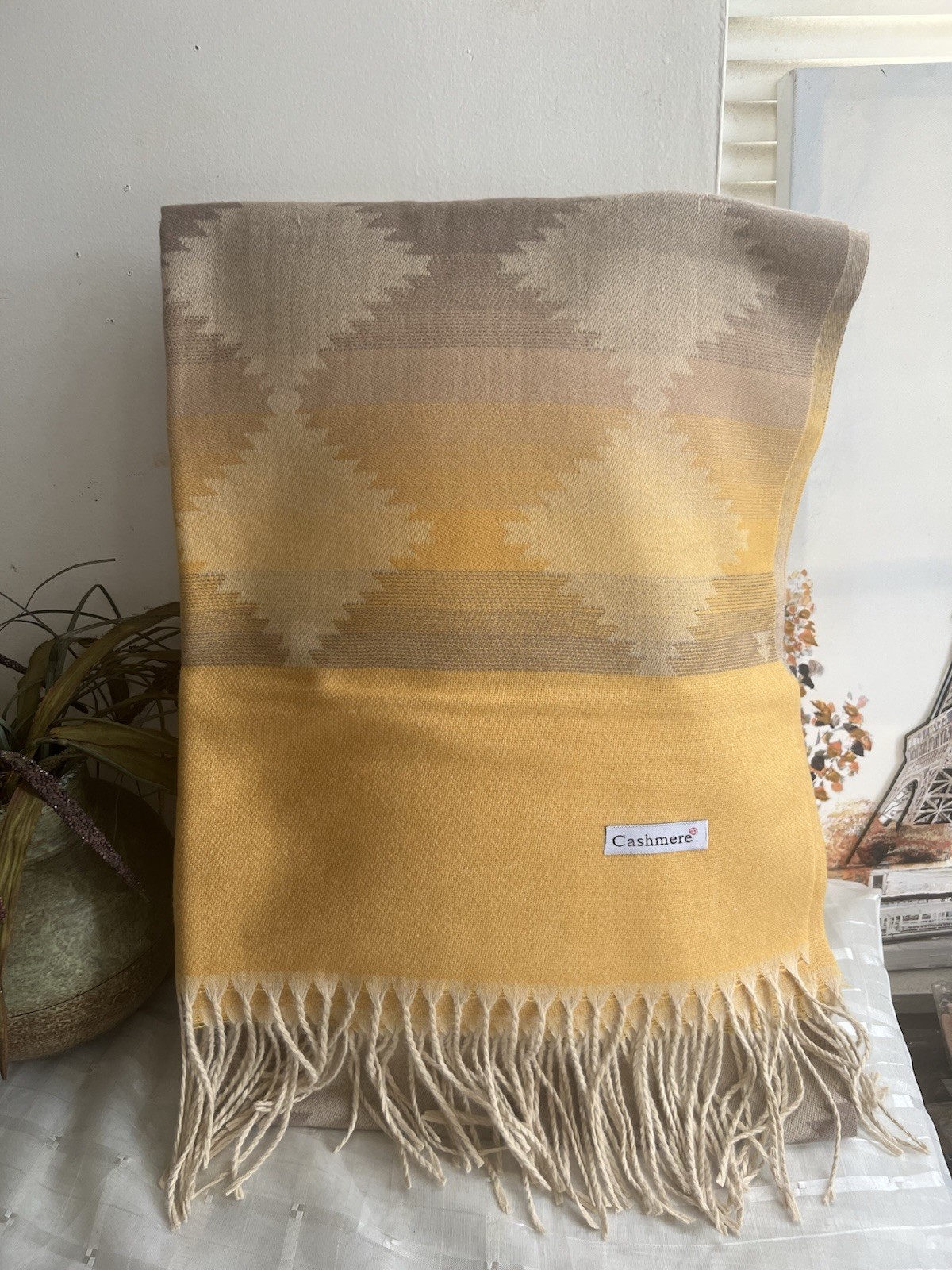 Yellow & Beige Geometric cashmere shawl throws