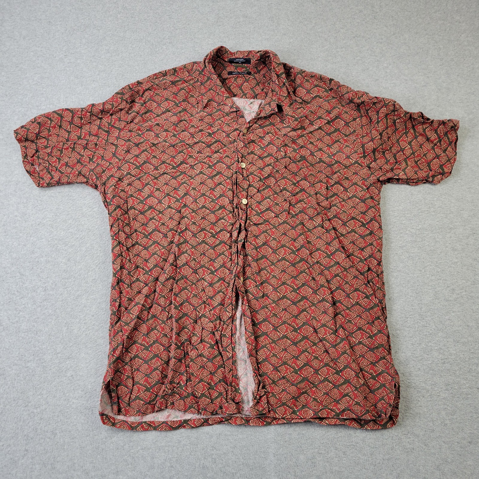 Nautica Linen Shirt Mens XL Multicolor Geometric Pocket Button Up