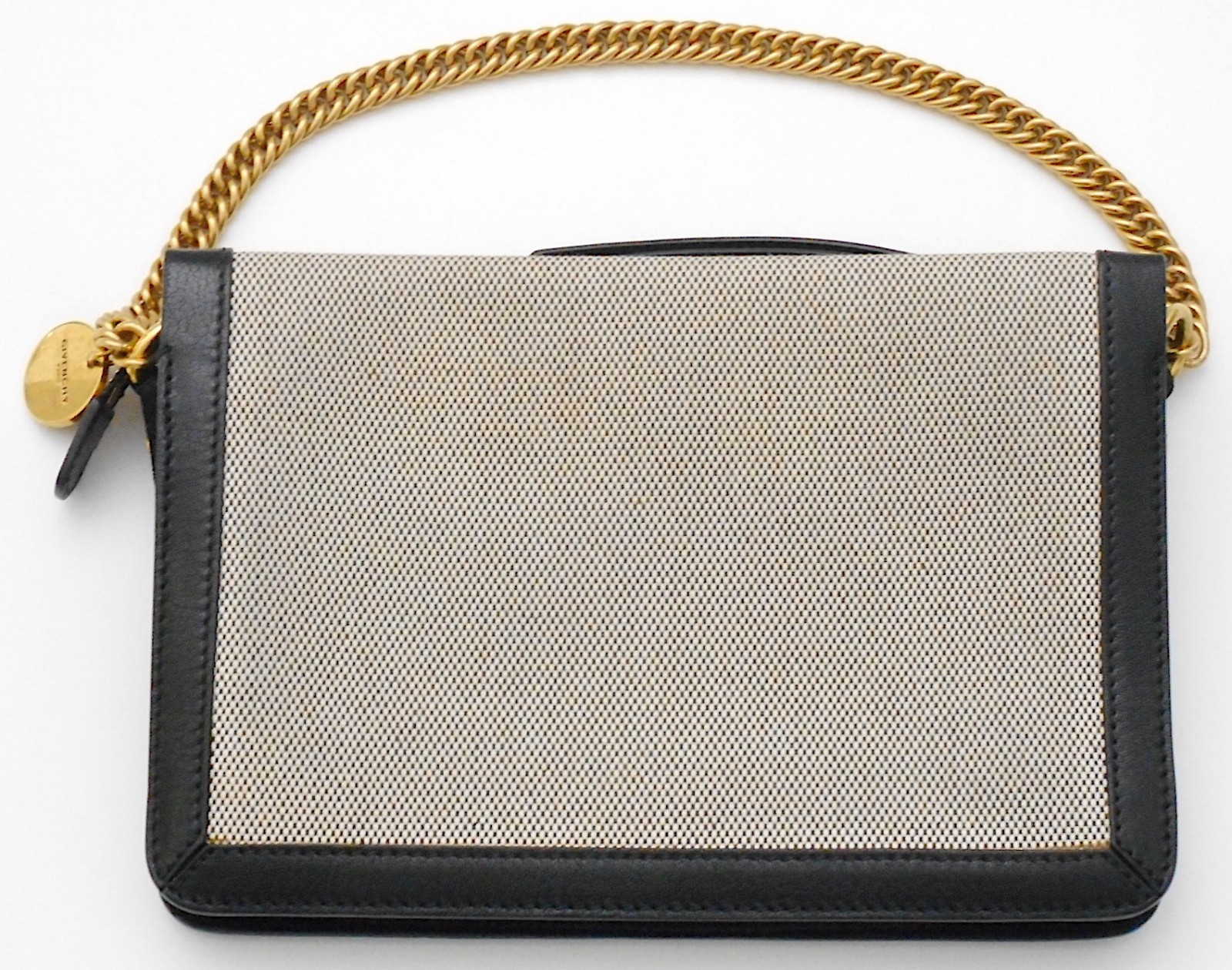 GIVENCHY PARIS Tan & Black Leather Trim Clutch Purse with Gold Tone Chain Handle