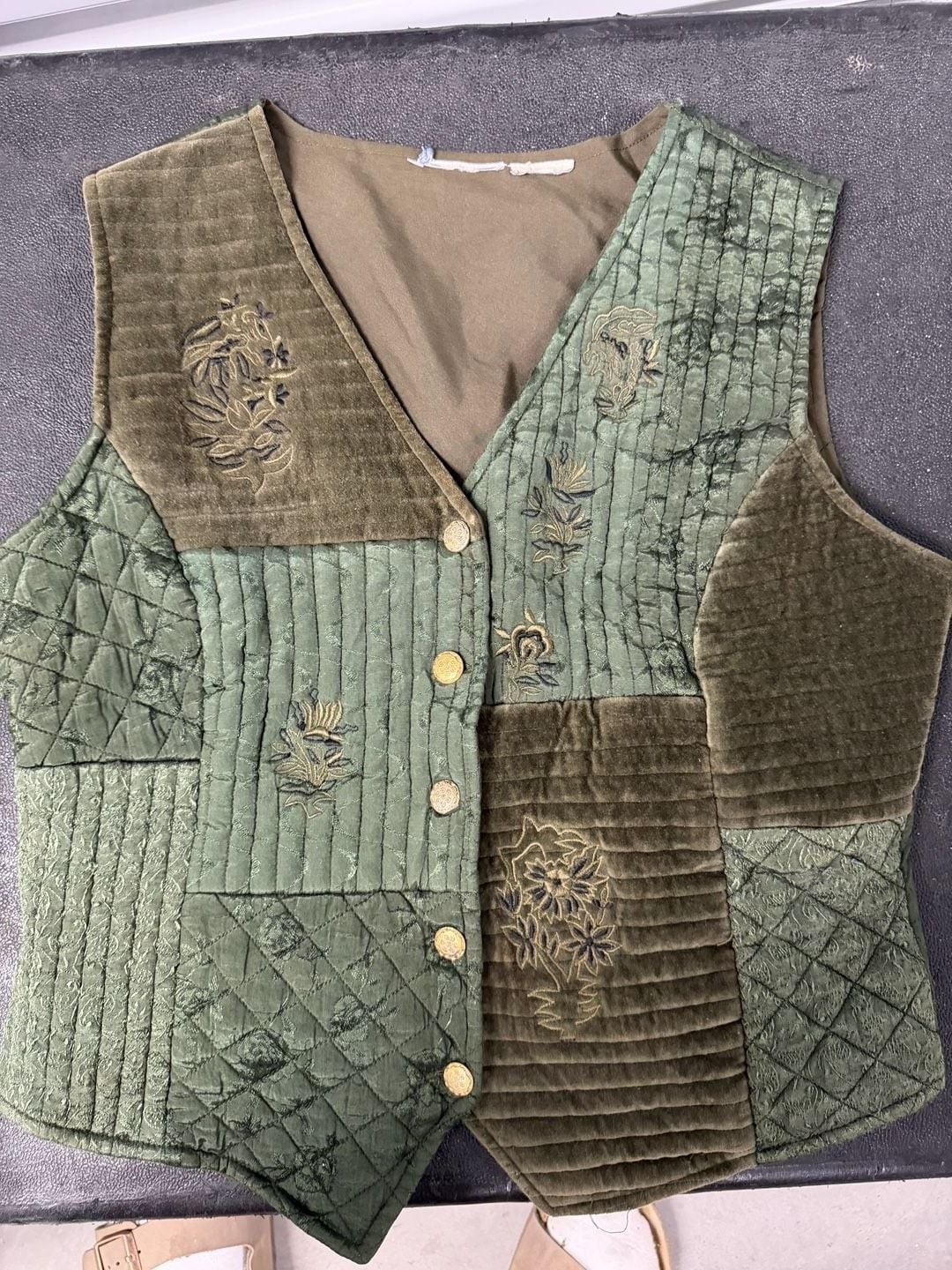 Vintage Embroidered Quilted Patchwork Vest Olive Green