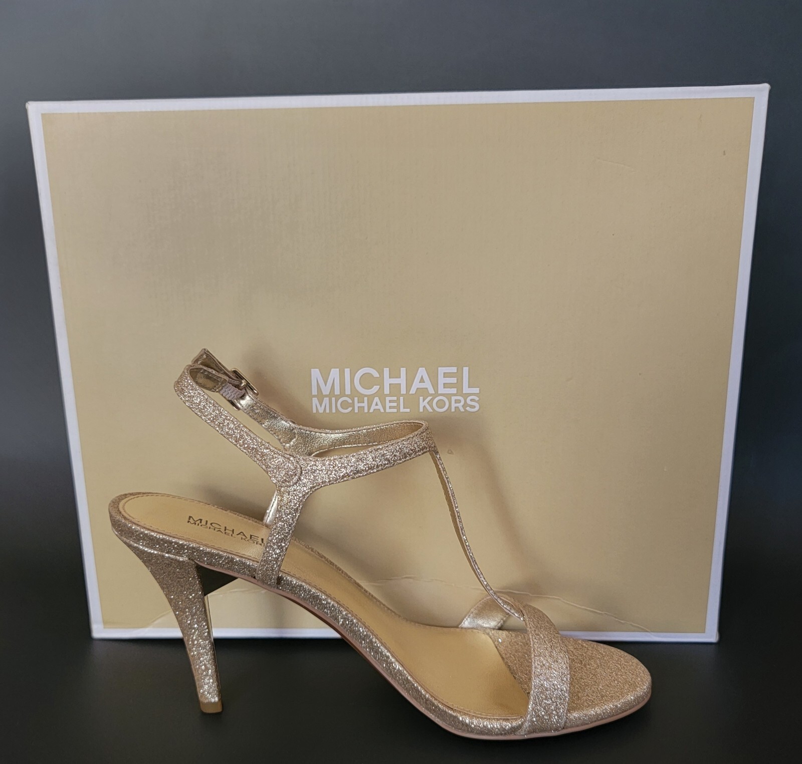Easter Shoes Michael Kors Heels Arden Gold T-Strap Metallic Stiletto Glitter