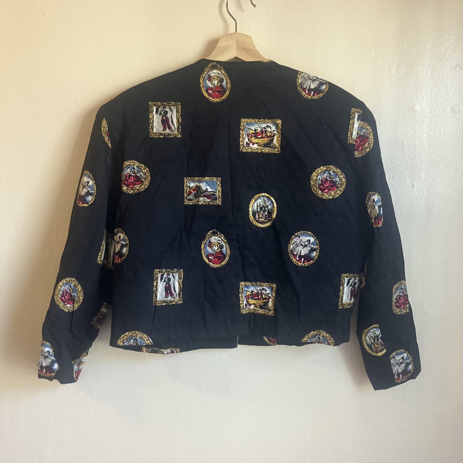 VTG Quilted Jacket Shoulderpad Artwork Button Up Boho Whimsy Twee Old Money Sz 8