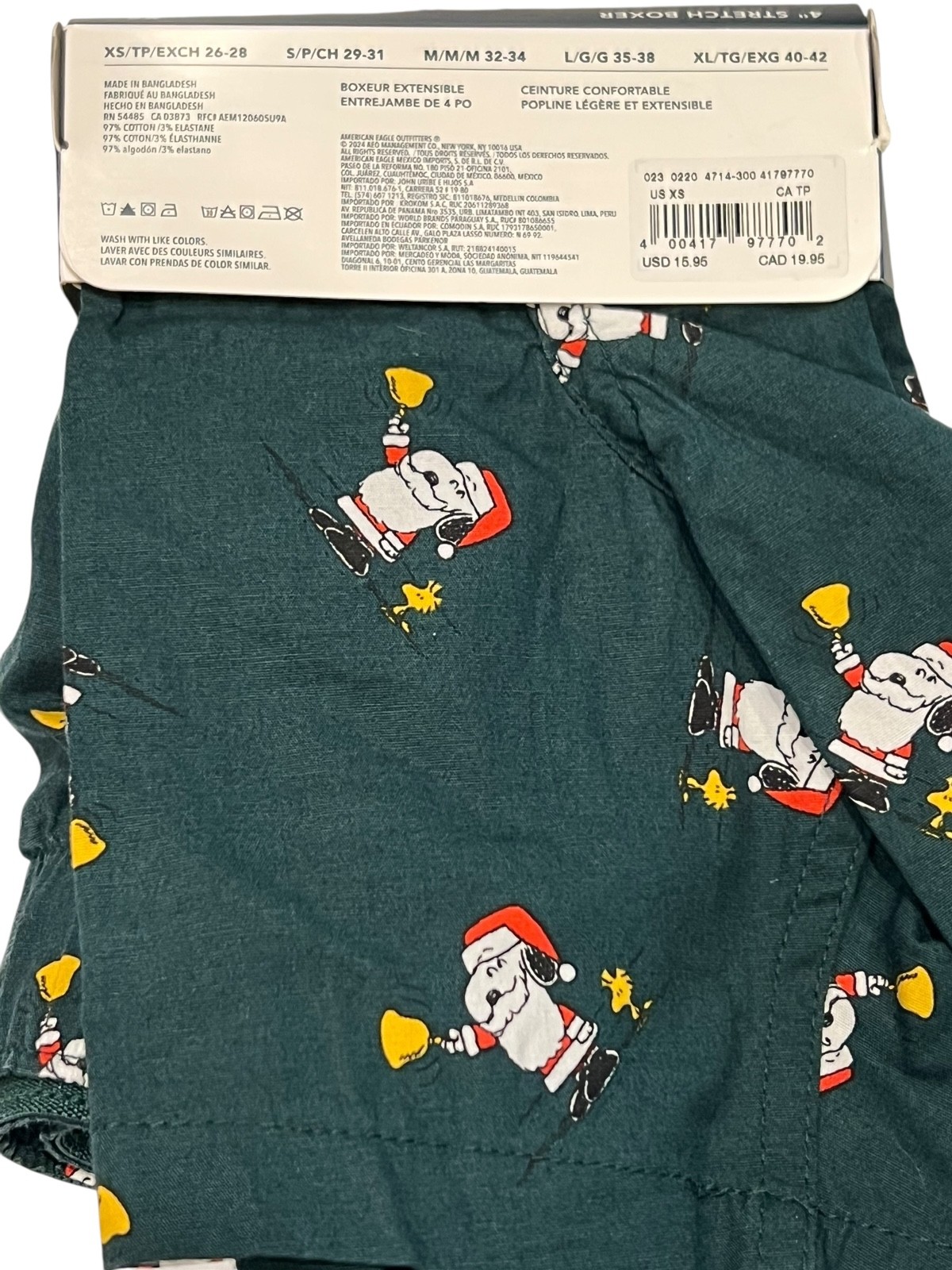 NWT AMERICAN EAGLE Stretch Boxer Sz XS-S-L-XL Green Red Santa Snoopy #42