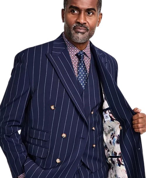 Tayion Men’s Pinstriped Double-Breasted Suit Jacket Blazer 38 R Navy Blue