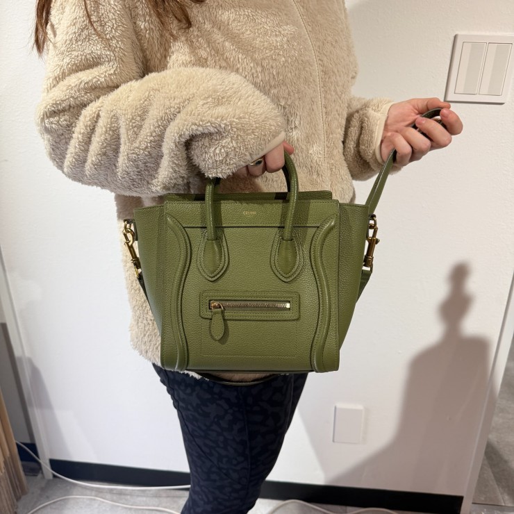 CELINE Luggage Nano Shopper Hand Bag Green Leather Gold Tone