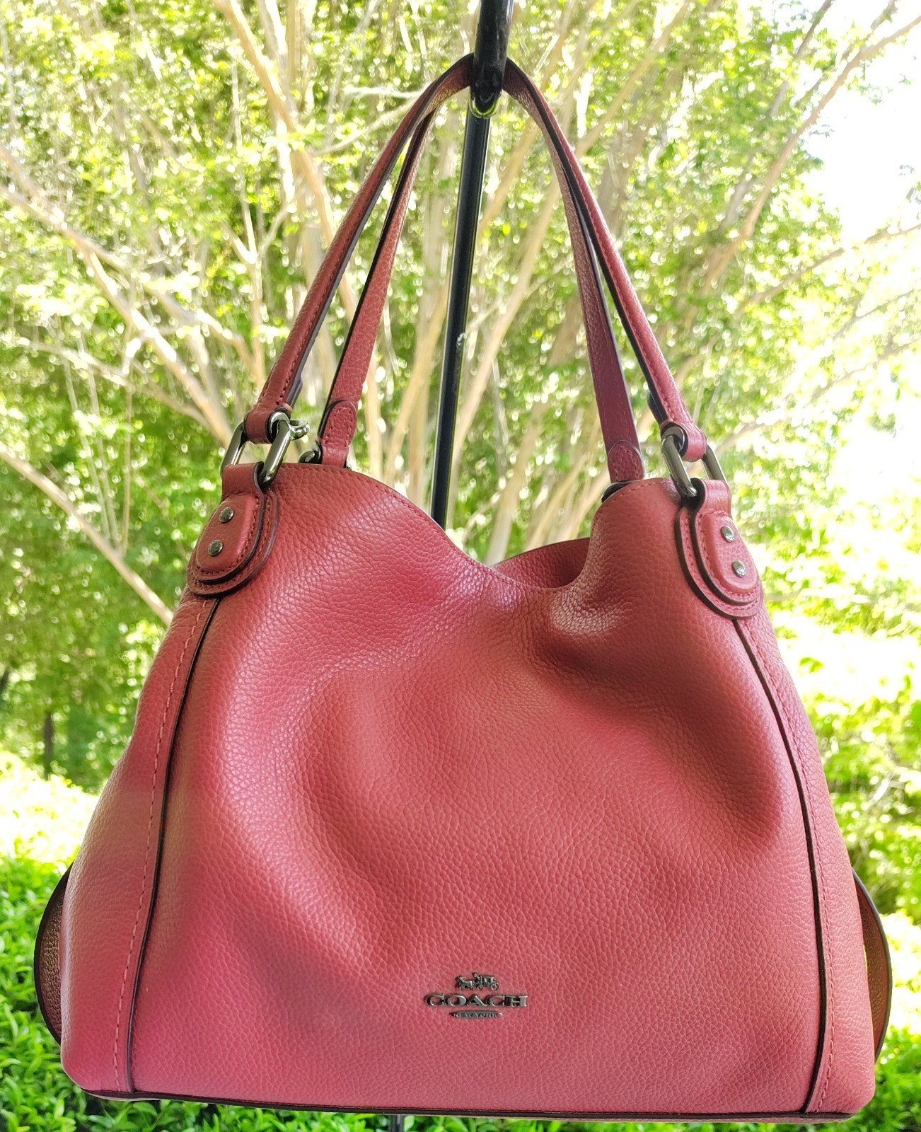 Coach 57124 Edie 28 SMALL Watermelon Red/Coral Leather Shoulder Bag