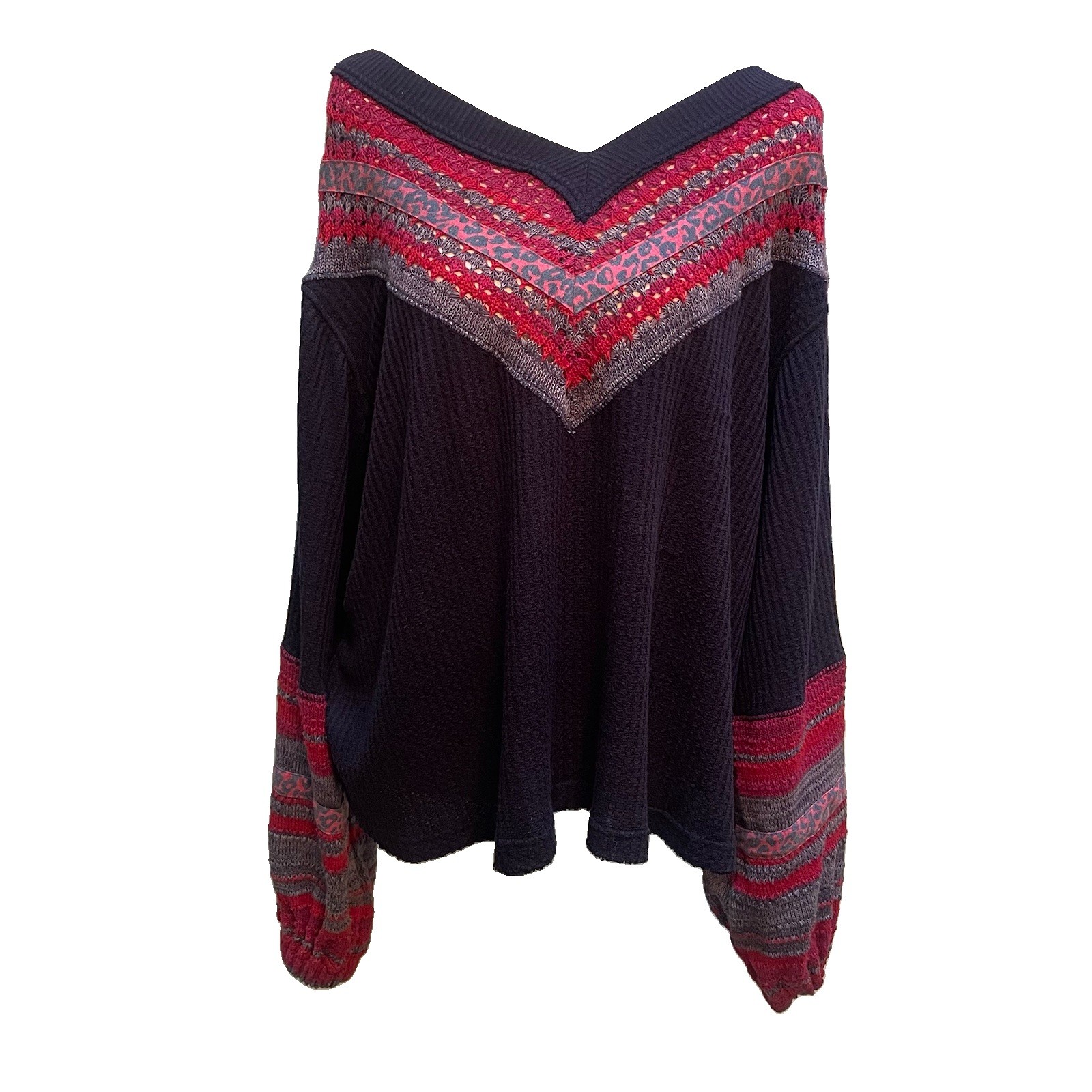 Free People We The Free Lovin Leopard Waffle Thermal Top Medium V-Neck Boho Blue