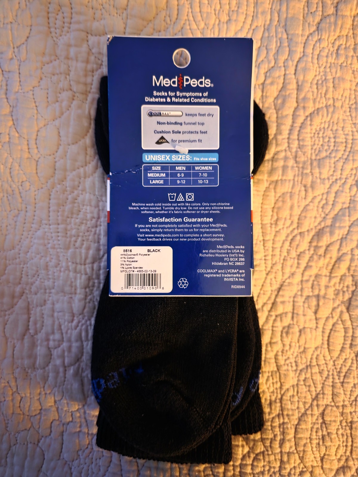 NEW MediPeds Diabetic Crew Socks Black Non-binding Top Cushioned Sole