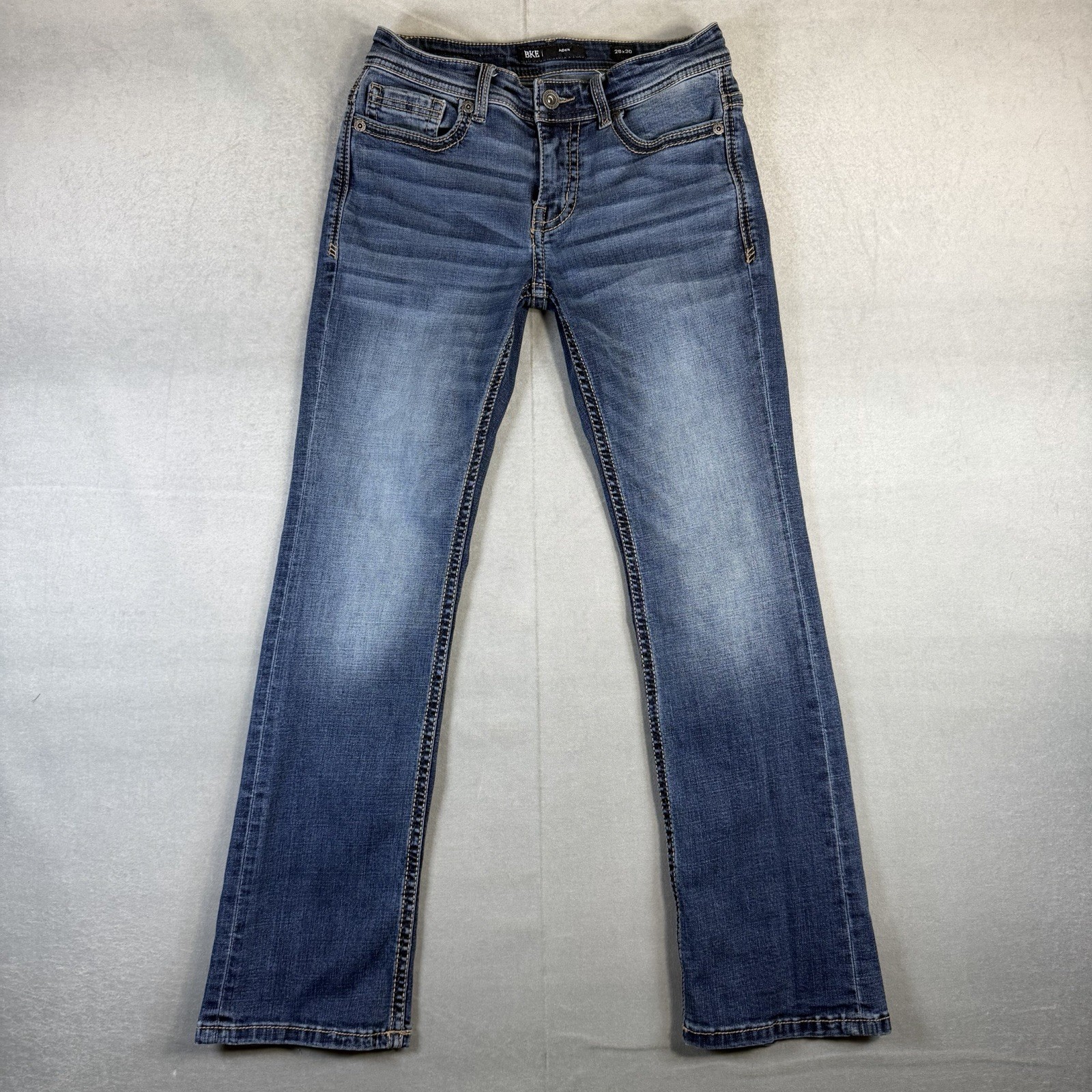 BKE Aiden Jeans Men’s 28×30 Blue Bootcut Dark Wash Western Buckle Stretch Denim