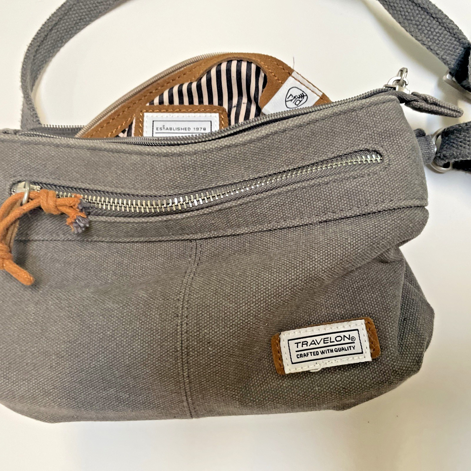 Travelon Anti-Theft Heritage Women’s Crossbody Bag Purse Gray Canvas RFIDw/light