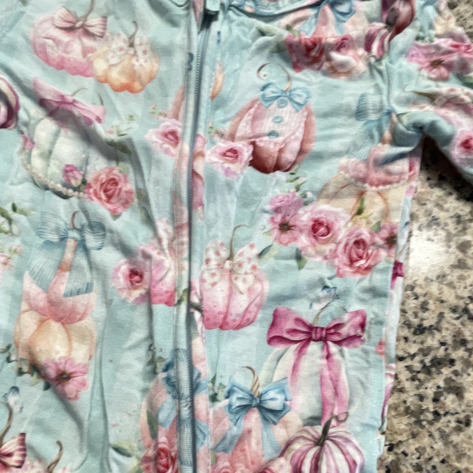 Posh Peanut Footed Sleeper One Piece 9-12M Blue/Pink Floral Bows Zip Bamboo