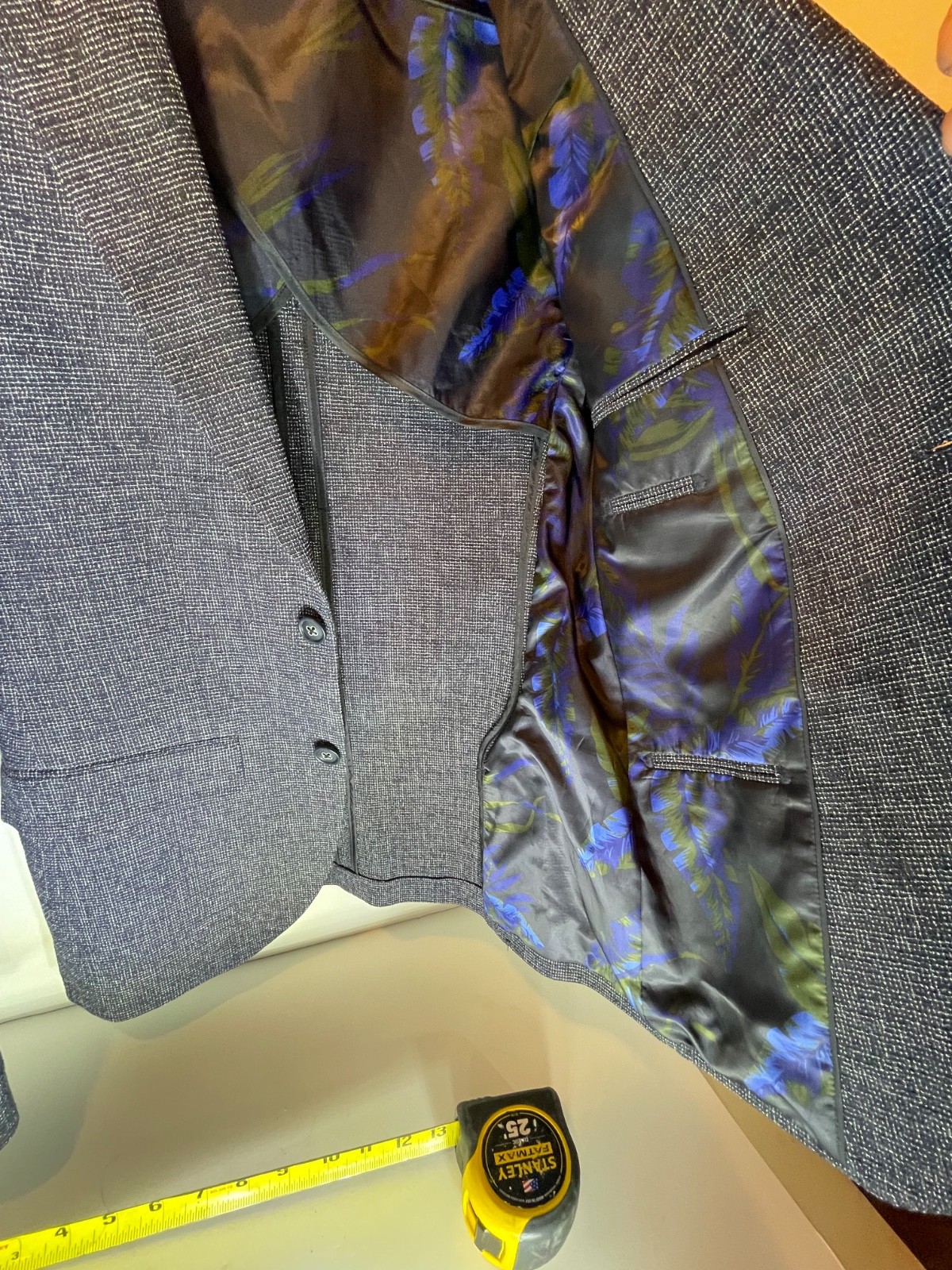 Moss London 40 Men Gray Chevron Slim Fit Tweed Wool-Blend Single-Breasted Blazer