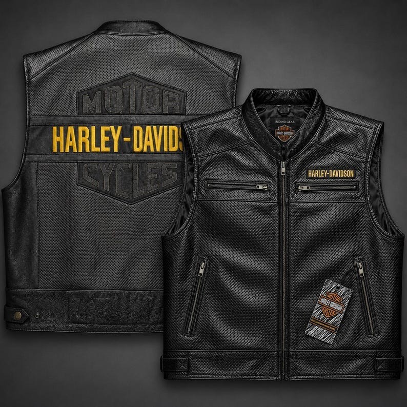 New Harley-Davidson Men’s Perforated Leather Biker Vest Black Motorcycle Jacket