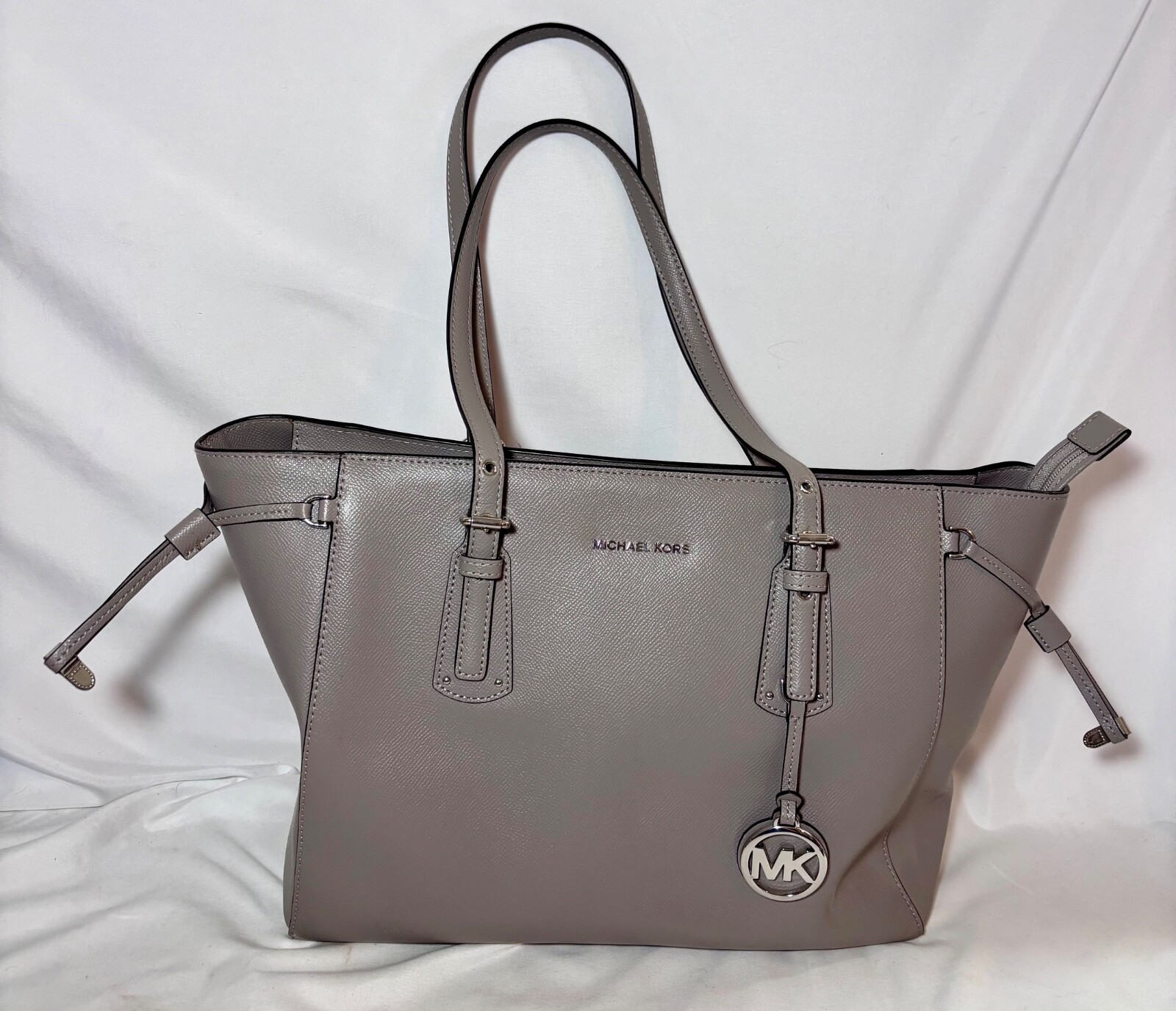MICHAEL KORS LARGE XL DRAWSTRING ZIP TOTE LAPTOP MK GRAY LEATHE TRAVEL