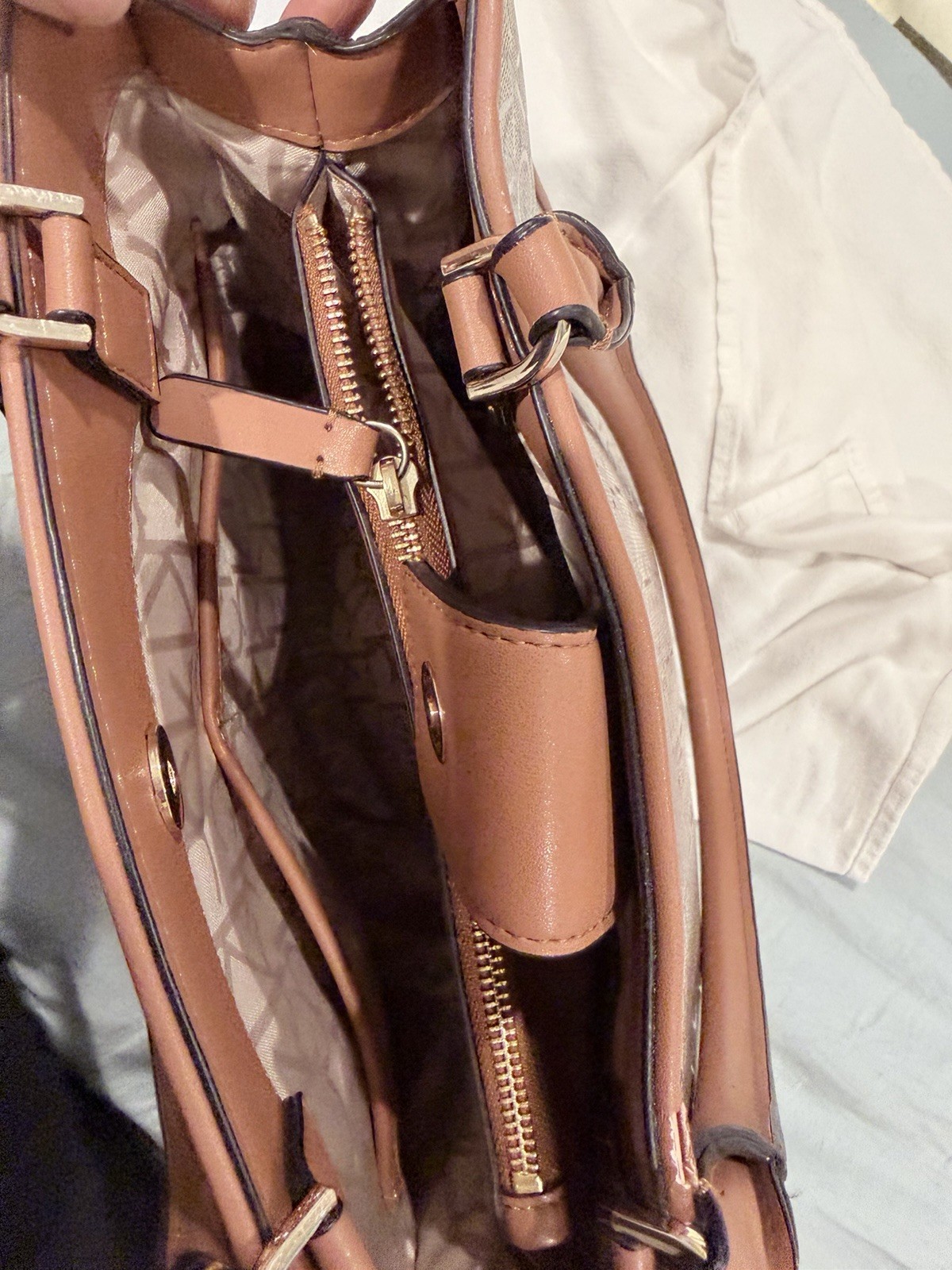 Calvin Klein Beige Logo Satchel Top Handle Bag with Double Handles