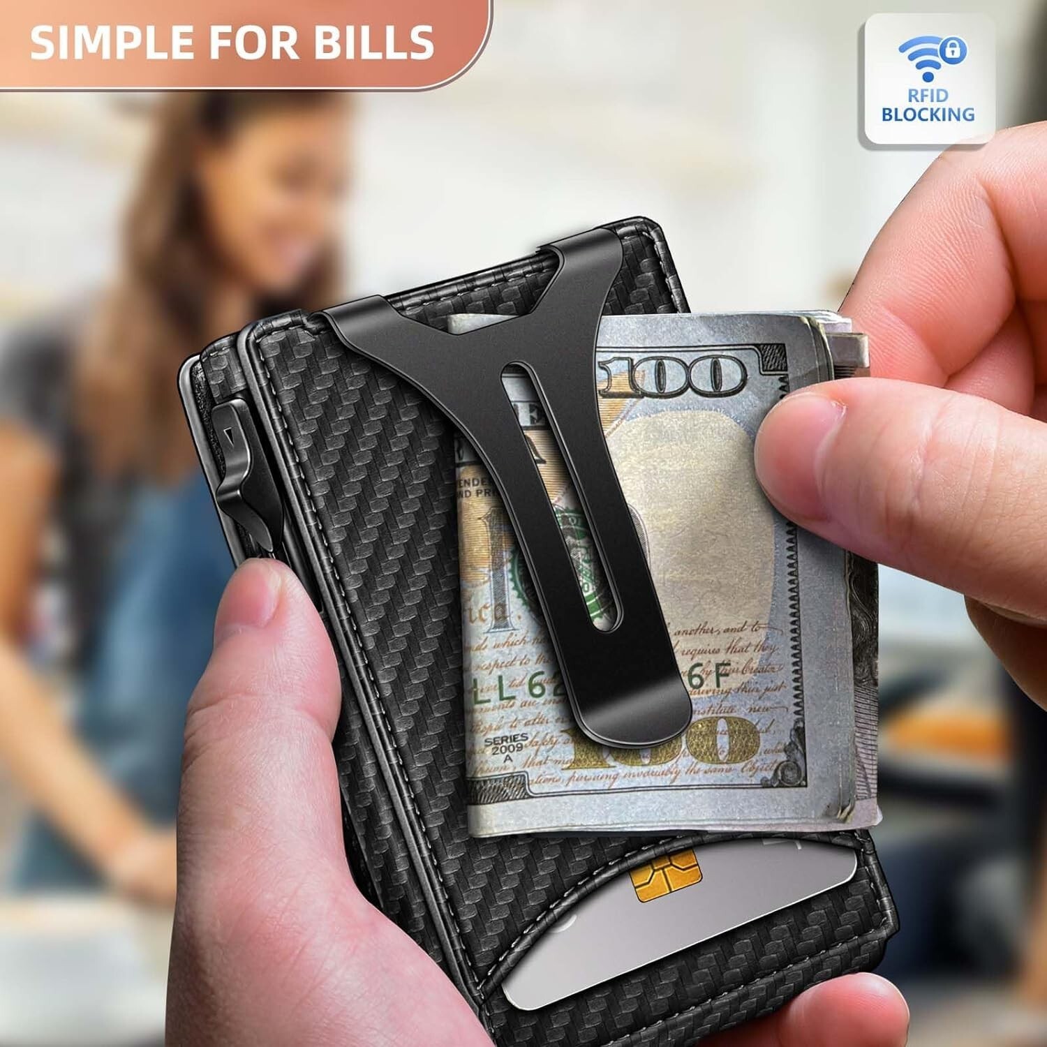 Men’s Slim PopUp Bifold Carbon Fiber Wallet, RFID Blocking, Money Clip, Men Gift
