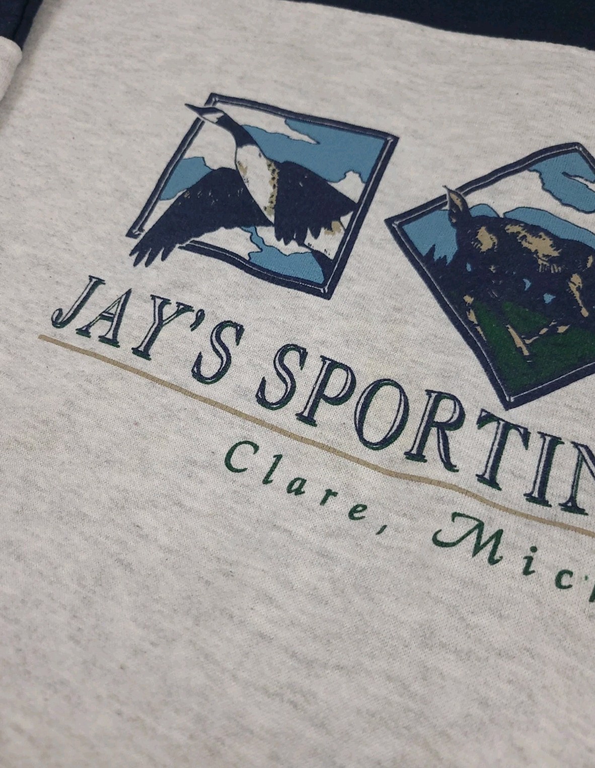 Vintage 90s Jays Sporting Goods Clare Michigan Print Sweatshirt Outdoor Nature