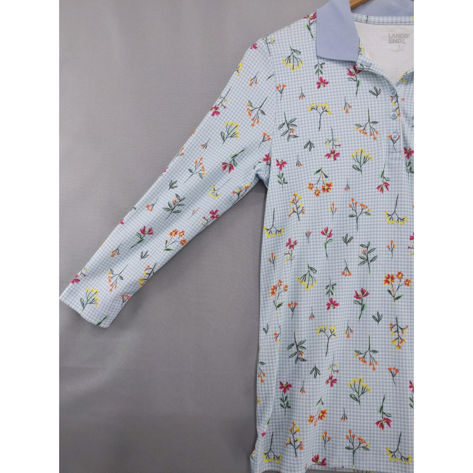 Lands’ End Polo Shirt Womens S Blue Floral Gingham 3/4 Sleeve Cotton Blend