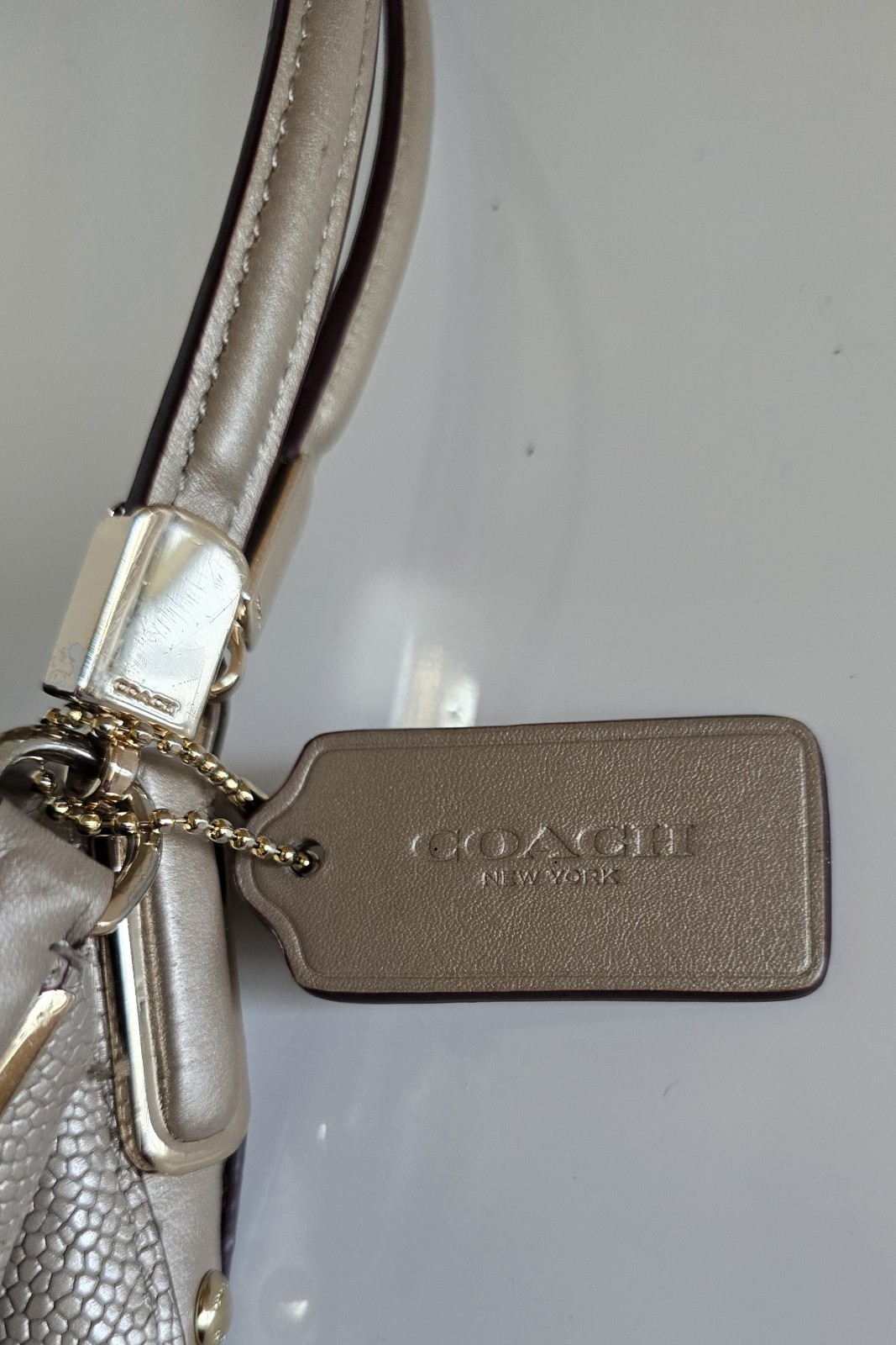 Coach Phoebe Champagne Metallic Pebbled Leather Hobo Shoulder Bag Studded