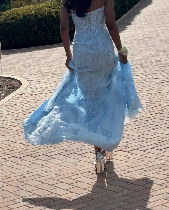 prom dress size 0 sherri hill formal long light blue corset with leg slit