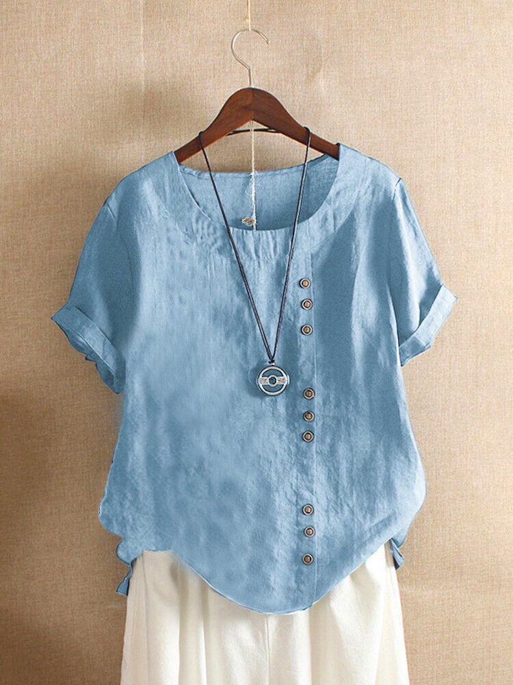Summer Womens Cotton Linen Tunic Blouse Tops Short Sleeve Shirt Casual