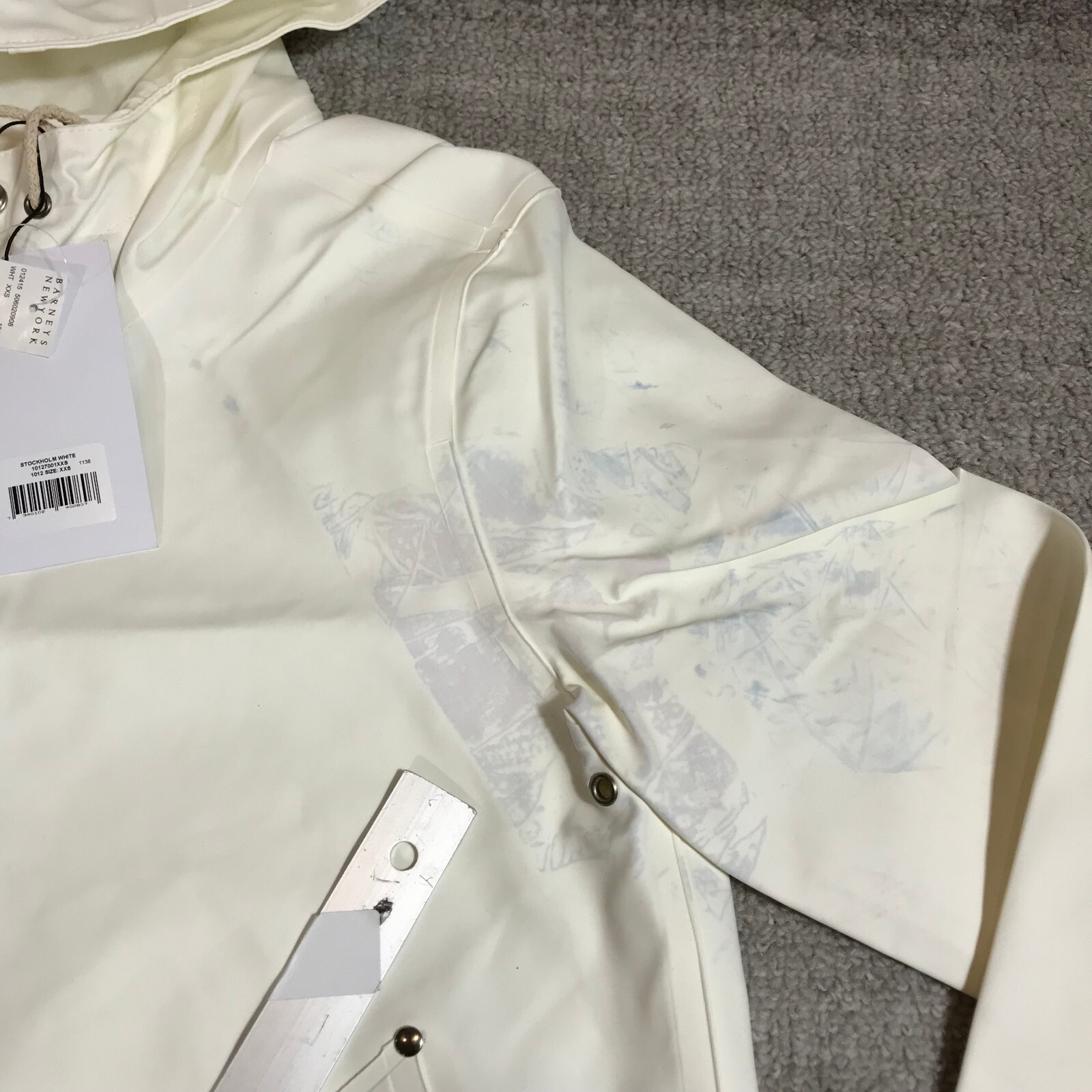 Stutterheim Stockholm Jacket Mens 2XS XXS Raincoat Hoodie Unisex White Thrased