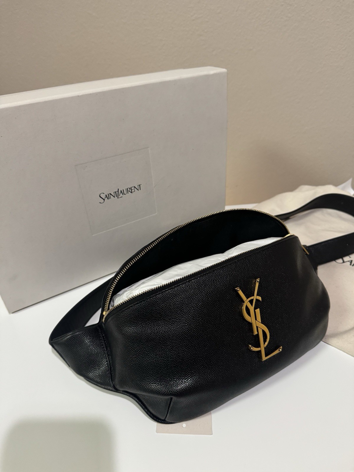 Saint Laurent YSL Cassandre Black Grained Leather Belt Bag Gold Hardware Box