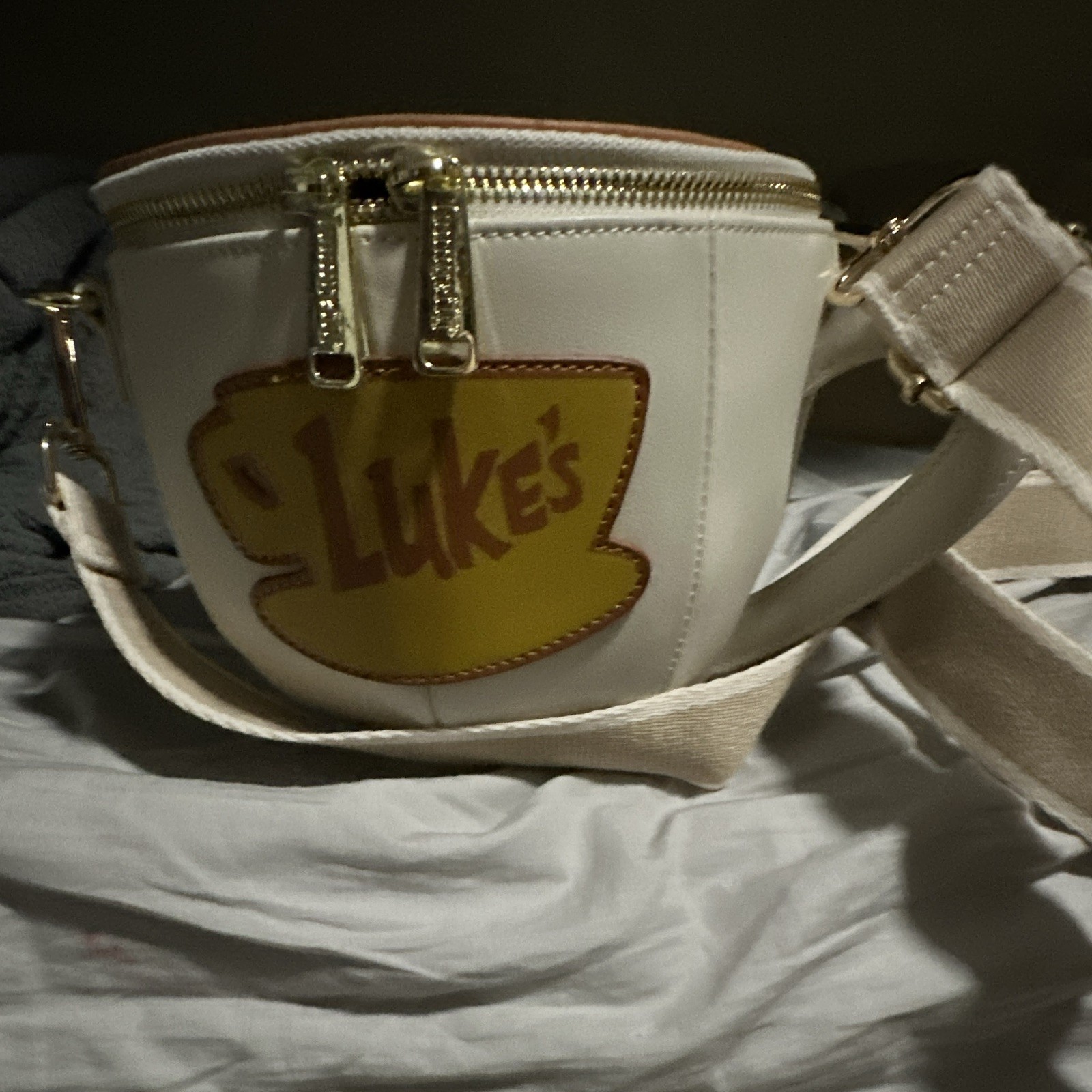 White Luke’s Patch Small Crossbody Bag Adjustable Strap Zip Closure Gold