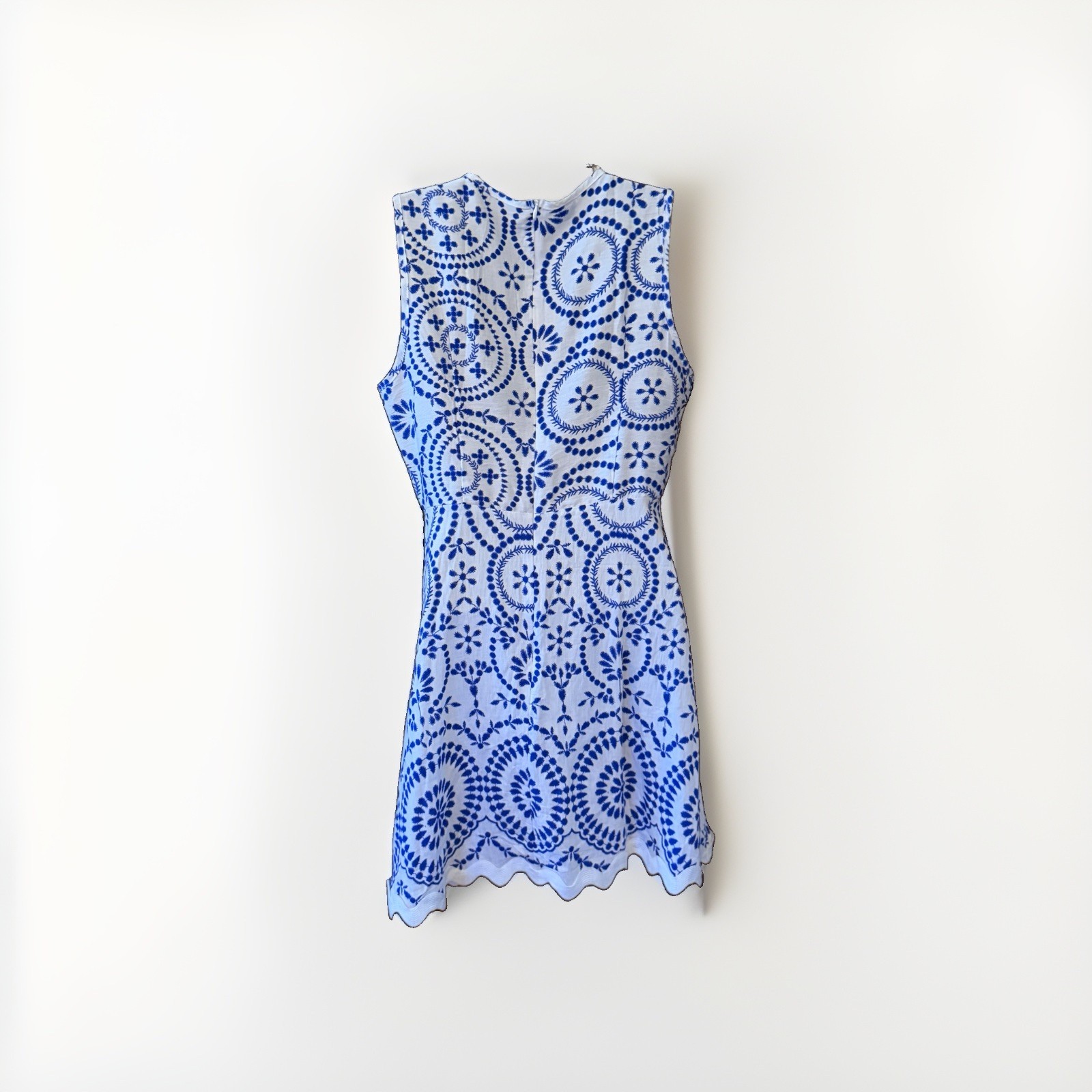 Womens White Blue Floral Crew Neck Sleeveless A-Line Knee Dress Zip S