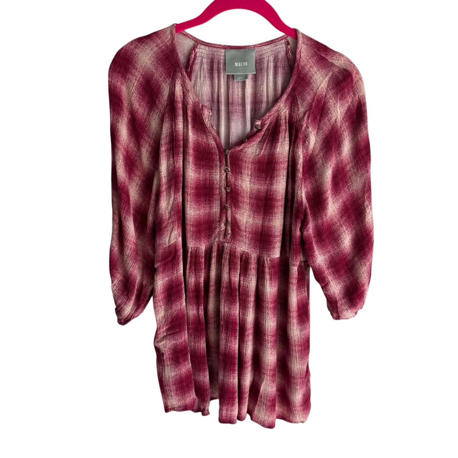 ANTHROPOLOGIE MAEVE ‘Cavalon’ Peplum Red Plaid 3/4 Sleeve V-Neck Ladies Top, S