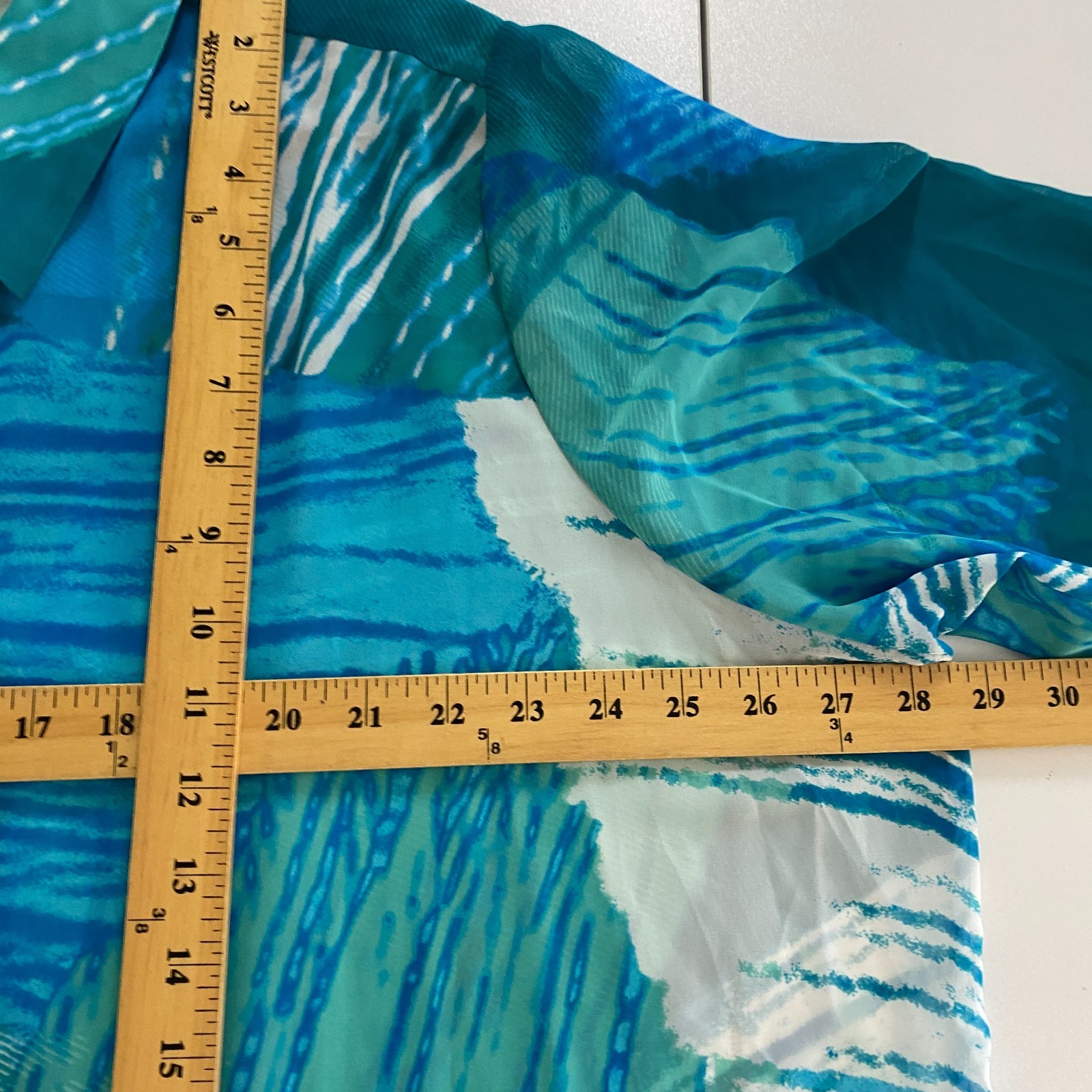 Susan Graver Printed Sheer Chiffon Shirt with Hi-Low Hem Aqua Plus 26W A290775