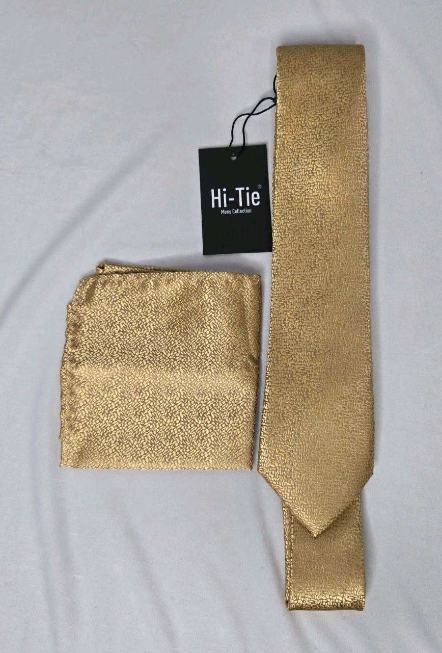 Hi-Tie Tie + pocket square 100% Seide Seta Soie Silk Color Gentle Gold FreeShipp