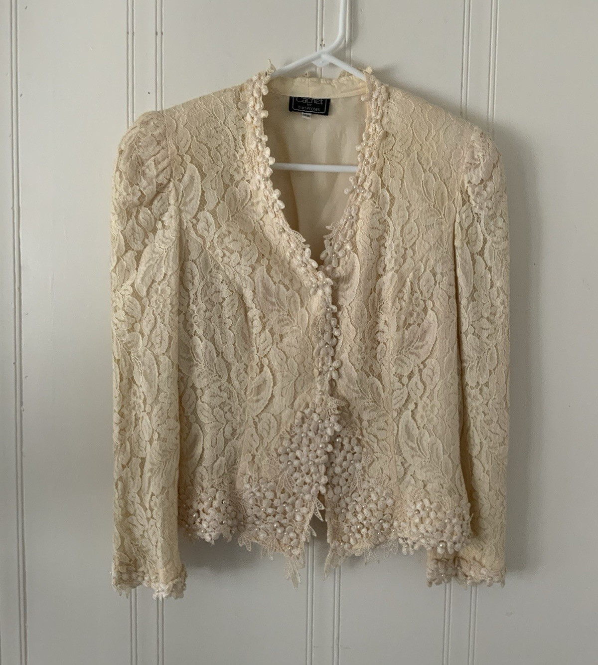 Cachet Ivory Beaded Pearl Hook & Eye Lined Short Jacket Women’s 13/14 Vintage