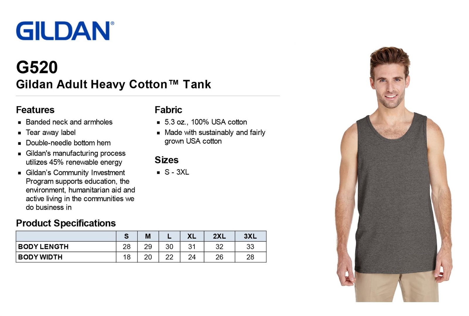 Gildan Adult Heavy Cotton 5.3 oz. Preshrunk Jersey Knit Tank Top G520 XS-3XL