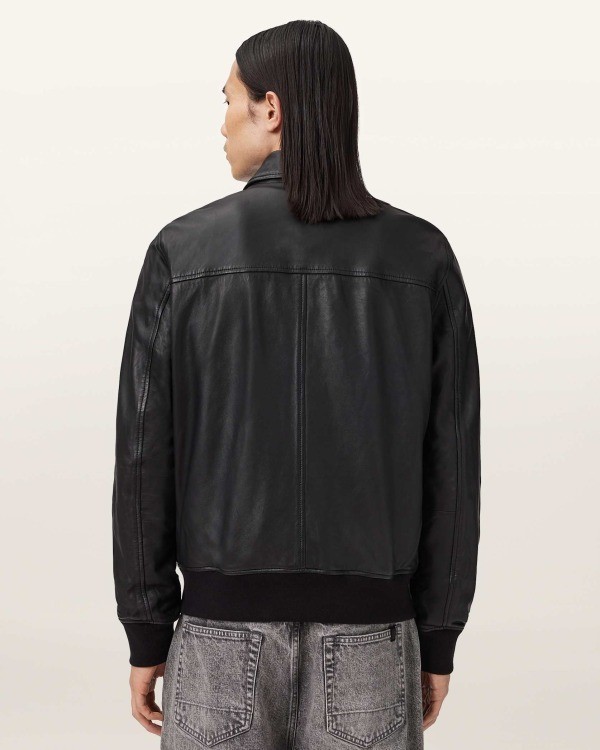 Men’s Black Classic Spread Collar Ribbed Cuff Sheepskin Leather Jacket for Men