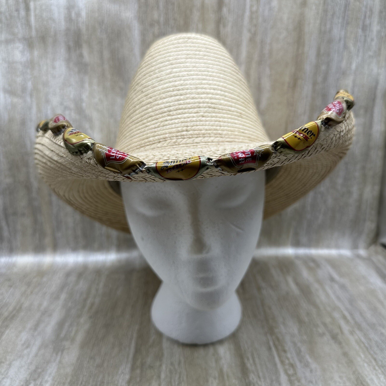 Rodeo Cowboy Hat Mens Approx Size 6.75 Straw Long Oval Wide Rim Beer Bottle Caps