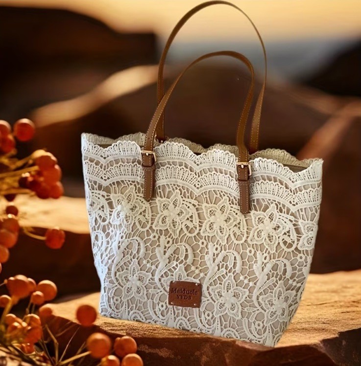 Women’s Lace Tote Bag Cream Floral Shoulder Handbag Beach Boho Purse Brown Strap