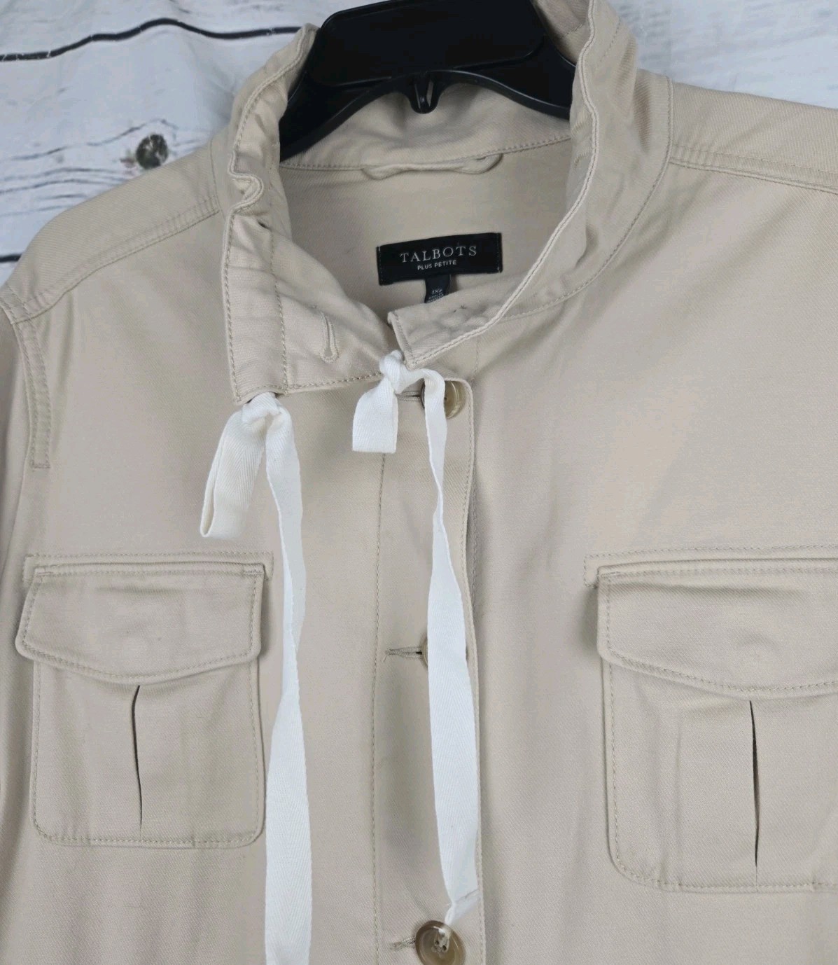 Talbots Utility Safari Tan Jacket 1XP Tie Drawstring Cargo Cotton Blend Womens