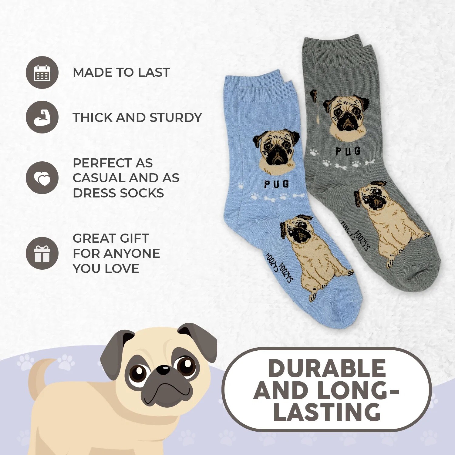 Pug Lapdog Wrinkled Toy Dog Breed Women’s Foozys Puppy Cute Dogs 2 Pairs Socks