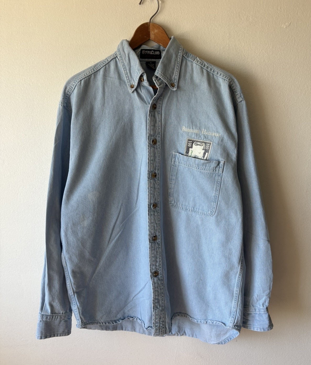 Vintage Berkshire Hathaway Denim Shirt Mens M Blue $100 Bill 90s Y2K RARE Boxy