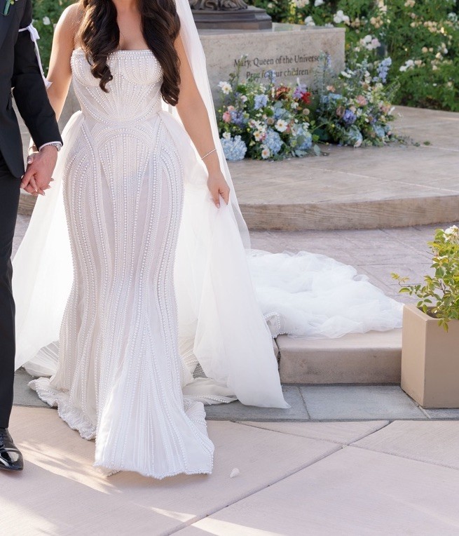 Leah da Gloria Drew White Strapless Sleeveless Beaded Mermaid Wedding Dress