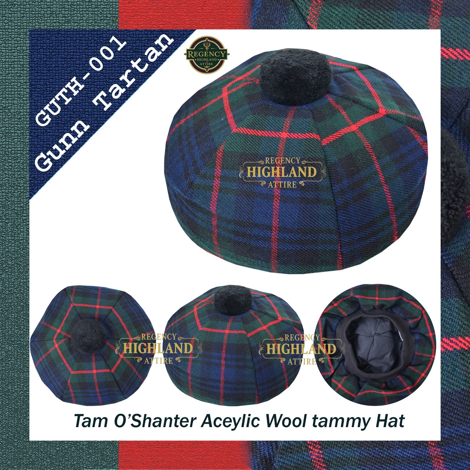 Unisex Great Scottish Highland Tam O Shanter Hat Made of Acrylic Wool Tartan.