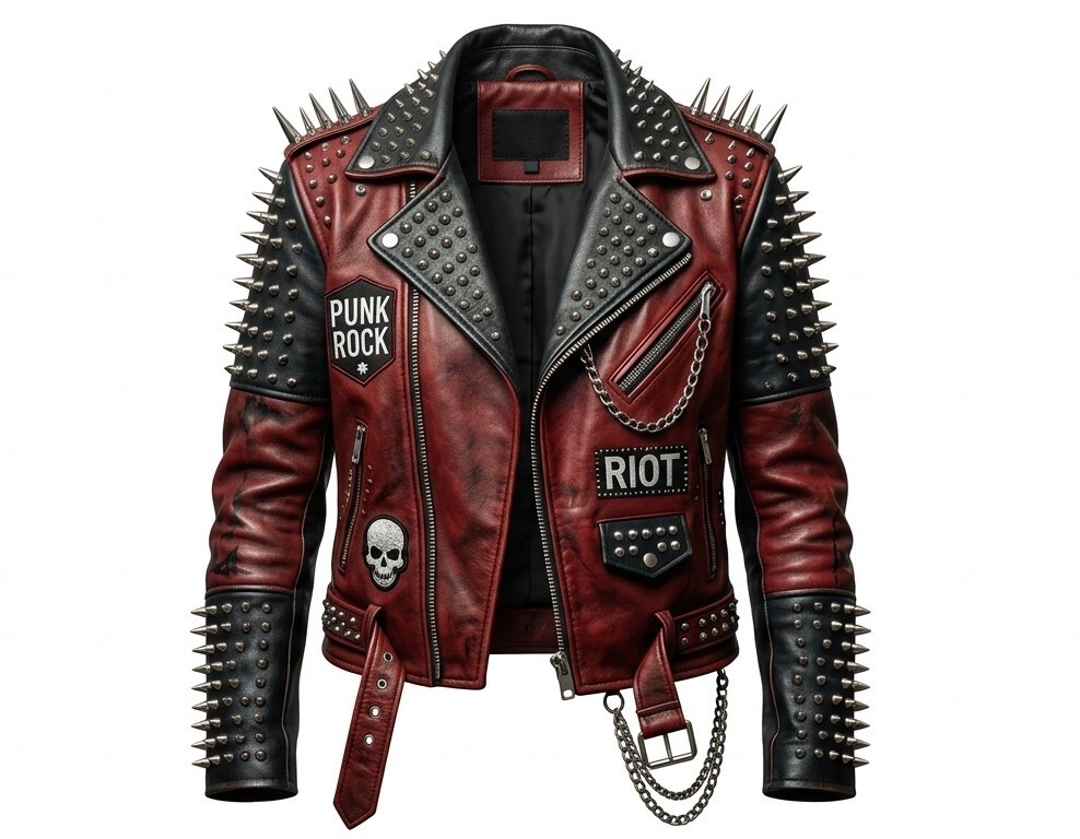 Men’s Punk Rock Studded Leather Jacket – Red Black Spiked Skull Biker Motorcycle