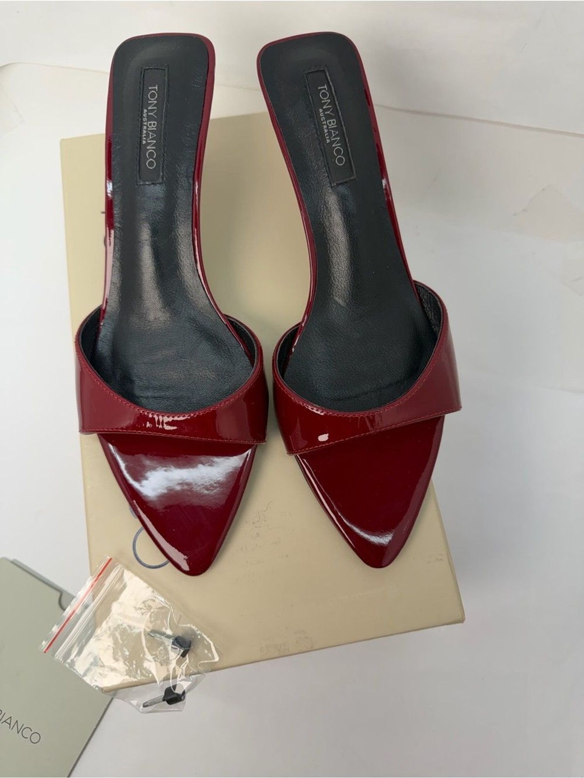 Tony Bianco Fiesta Heel in Bordeaux red patent shiny leather kitten heel
