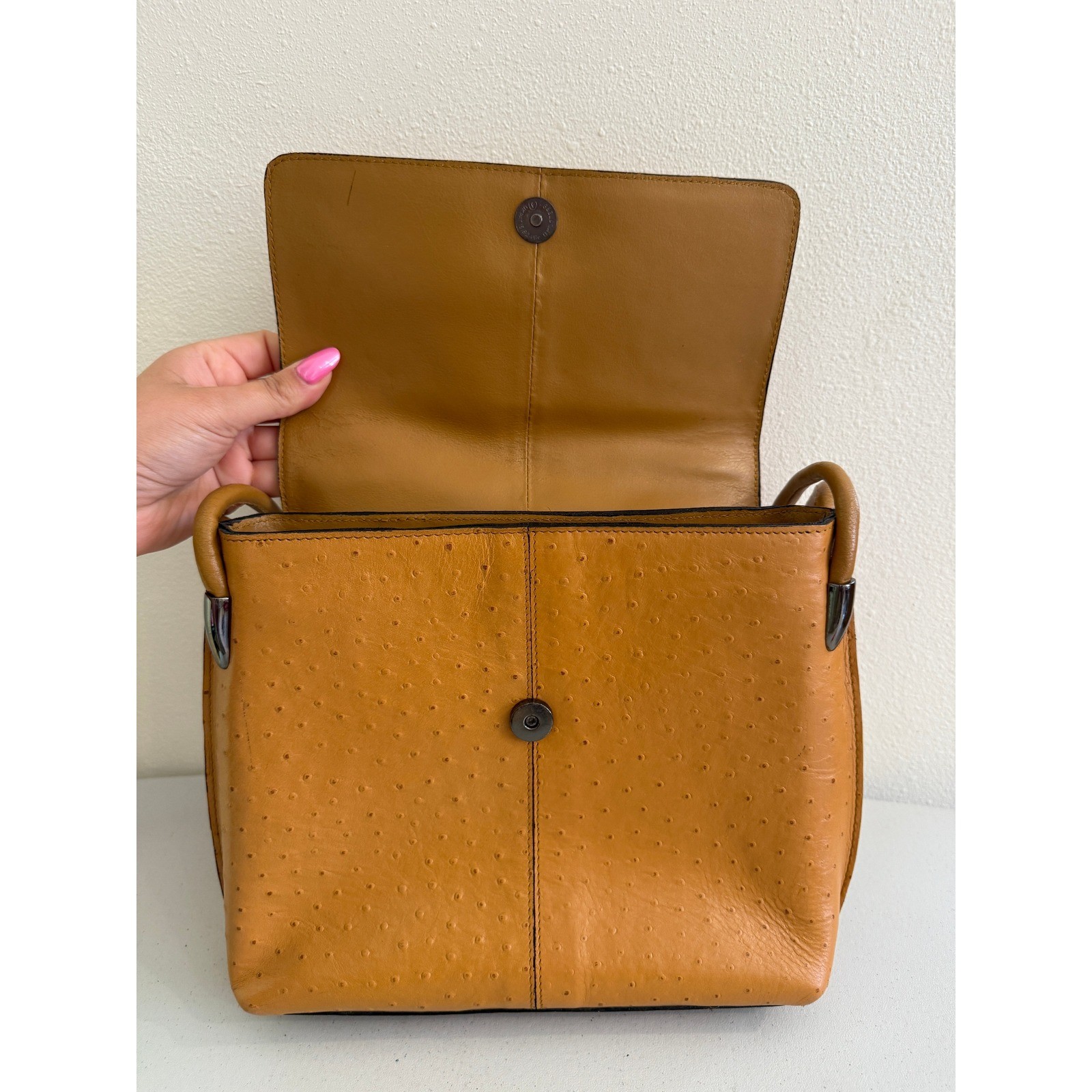 Ostrich Embossed Leather Shoulder Bag Cognac Tan Flap Handbag with Multi Pockets