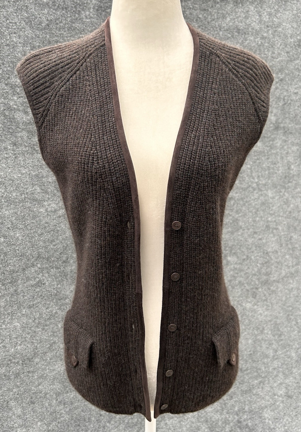 LORO PIANA Italy 100% Cashmere & Suede Goatskin Dark Brown Sweater Vest 40 Small